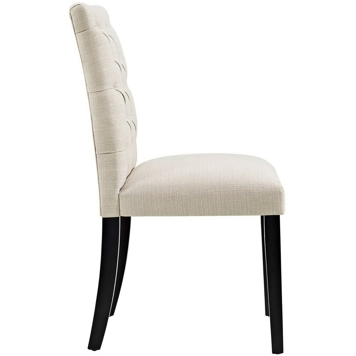 Side profile of beige upholstered dining chair with plush seat and slim tapered black legs || EEI-2231-BEI || side_studio