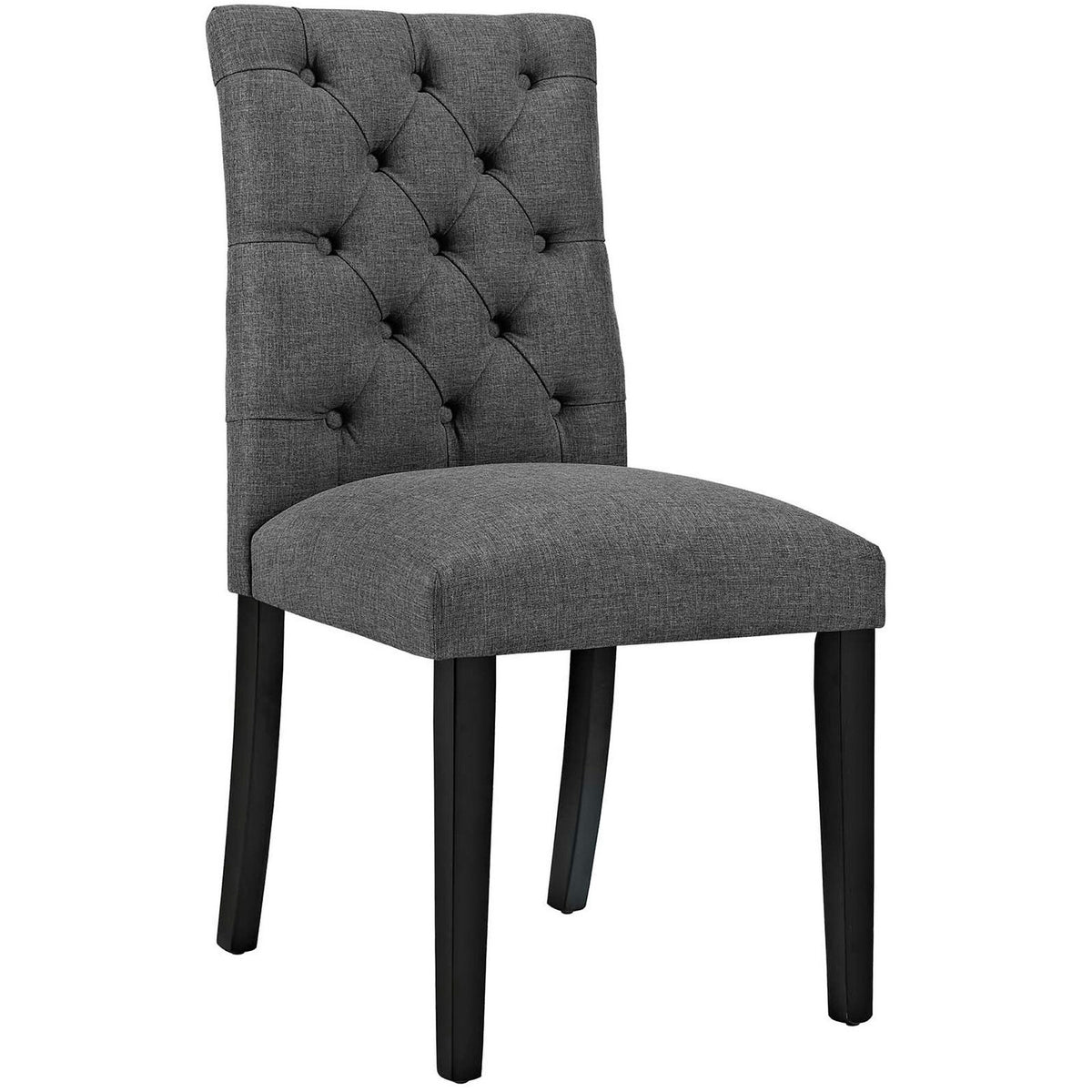 Gray button-tufted dining chair with cushioned seat and dark wood legs || EEI-2231-GRY || front_angle_studio