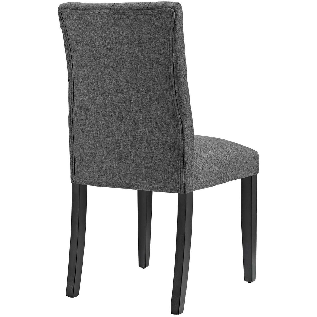 Gray fabric dining chair with gently curved back and dark wood legs || EEI-2231-GRY || back_angle_studio
