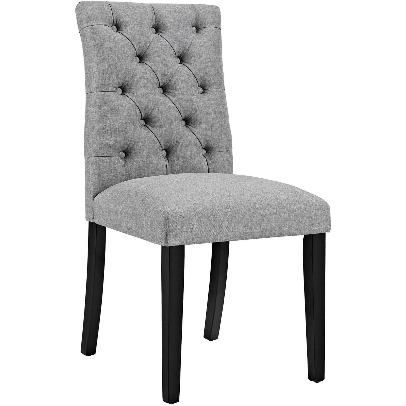 Light gray tufted dining chair with plush seat cushion and dark wood legs for elegant everyday seating || EEI-2231-LGR || front_angle_studio
