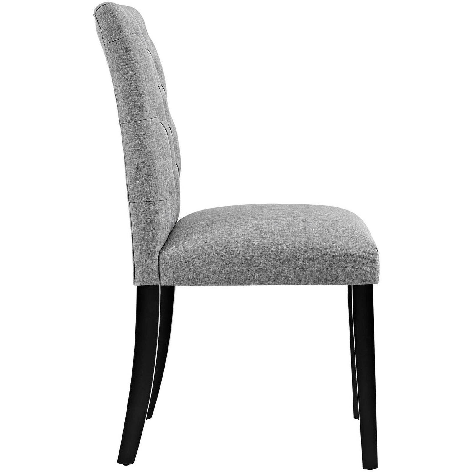 Side profile of light gray upholstered dining chair showcasing tailored seat and tapered legs || EEI-2231-LGR || side_studio