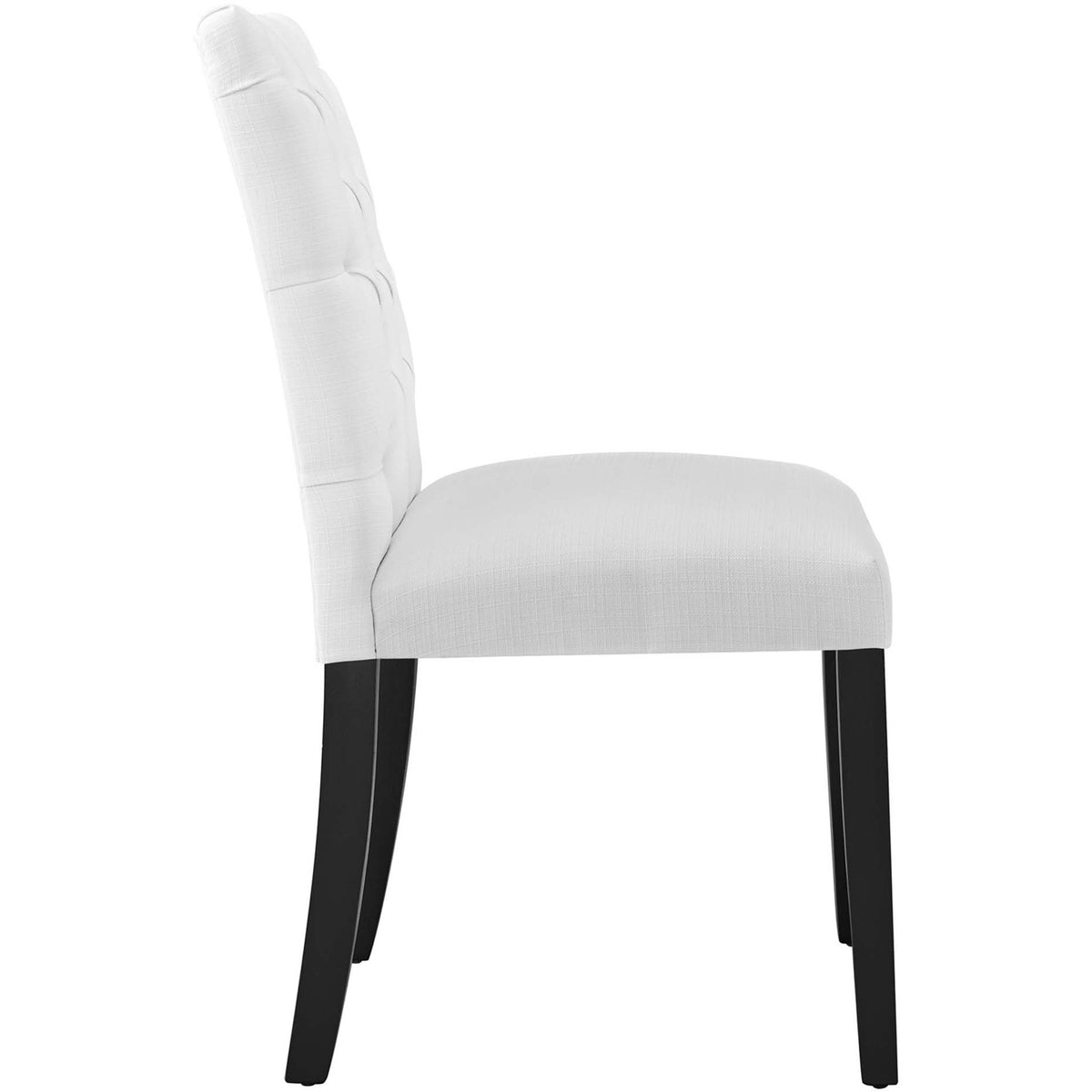 Side profile of white dining chair with thick padded seat and gently curved back || EEI-2231-WHI || side_studio