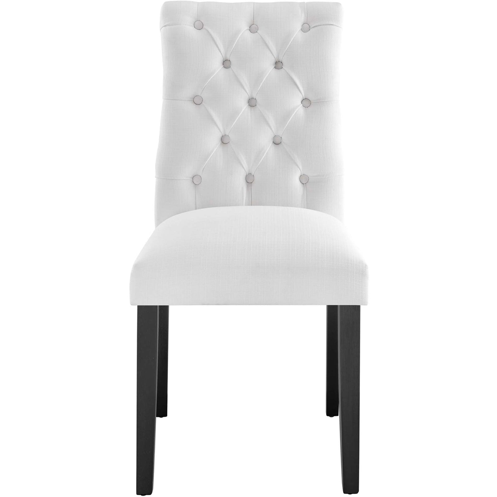 White button tufted dining chair with cushioned seat and black wood legs || EEI-2231-WHI || front_studio