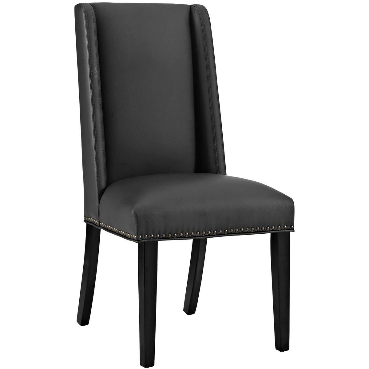 Black vegan leather Parsons chair with tall back, subtle wings, and nailhead trim on tapered legs || EEI-2232-BLK || front_angle_studio