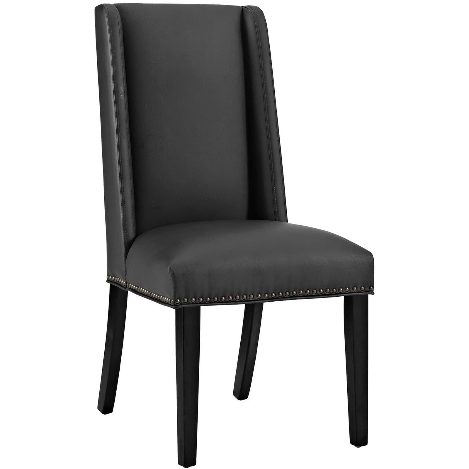 Black vegan leather Parsons chair with tall back, subtle wings, and nailhead trim on tapered legs || EEI-2232-BLK || front_angle_studio
