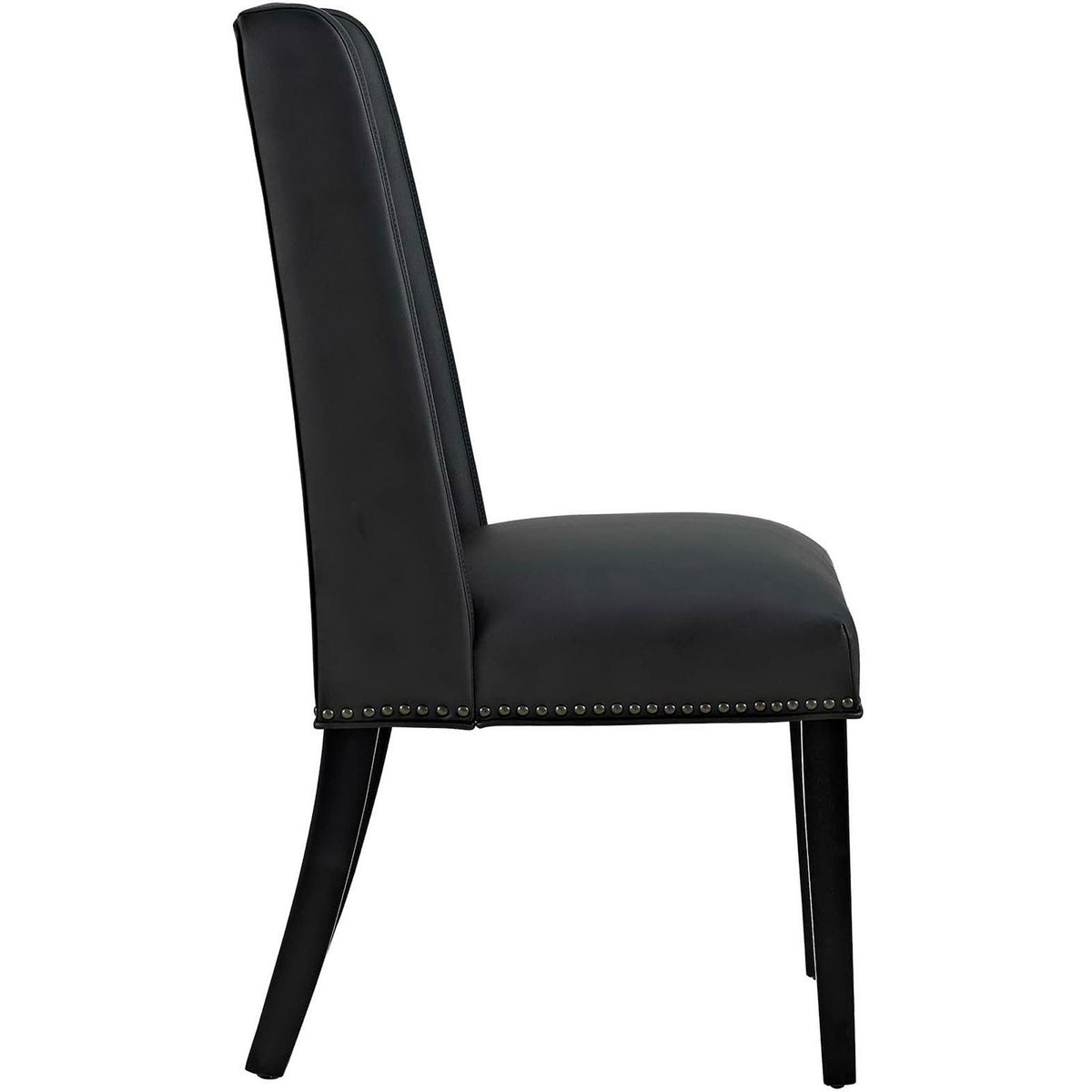 Black vegan leather dining chair with cushioned seat, tall backrest, and gently splayed wood legs || EEI-2232-BLK || side_studio