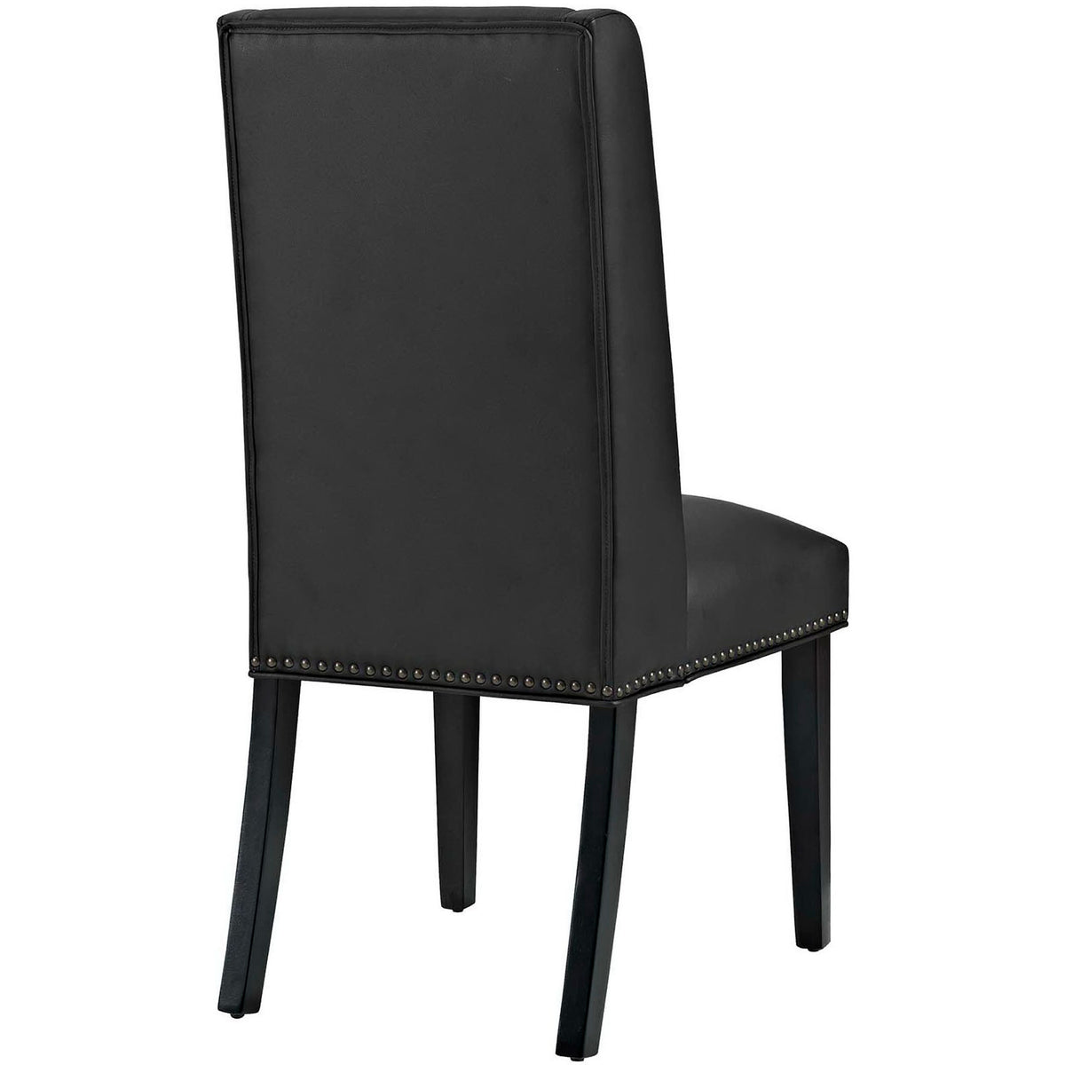 Black vegan leather dining chair with smooth high back, nailhead trim, and four sturdy wood legs || EEI-2232-BLK || back_angle_studio
