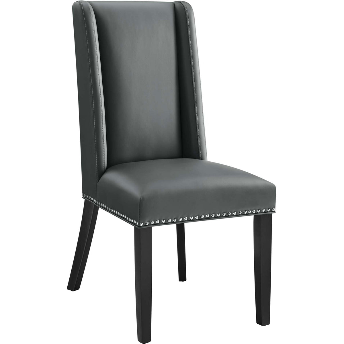 Elegant gray wingback dining chair with vegan leather upholstery and gently flared back legs || EEI-2232-GRY || front_angle_studio
