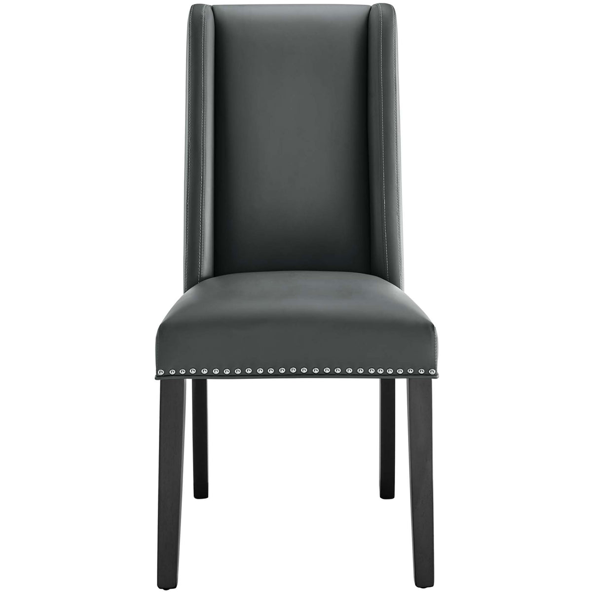 Gray vegan leather dining chair with tall wingback backrest and silver nailhead trim || EEI-2232-GRY || front_studio