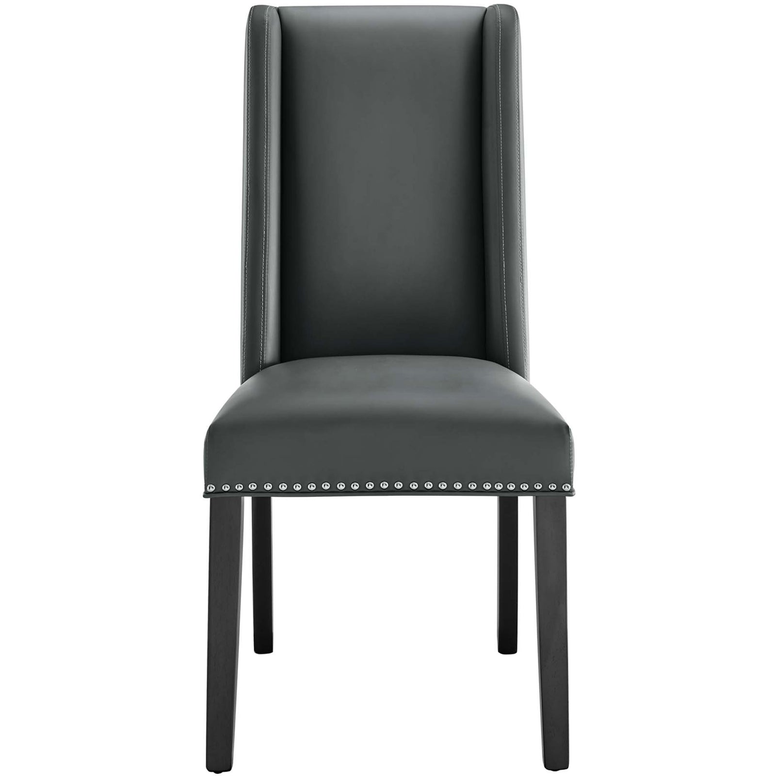Gray vegan leather dining chair with tall wingback backrest and silver nailhead trim || EEI-2232-GRY || front_studio