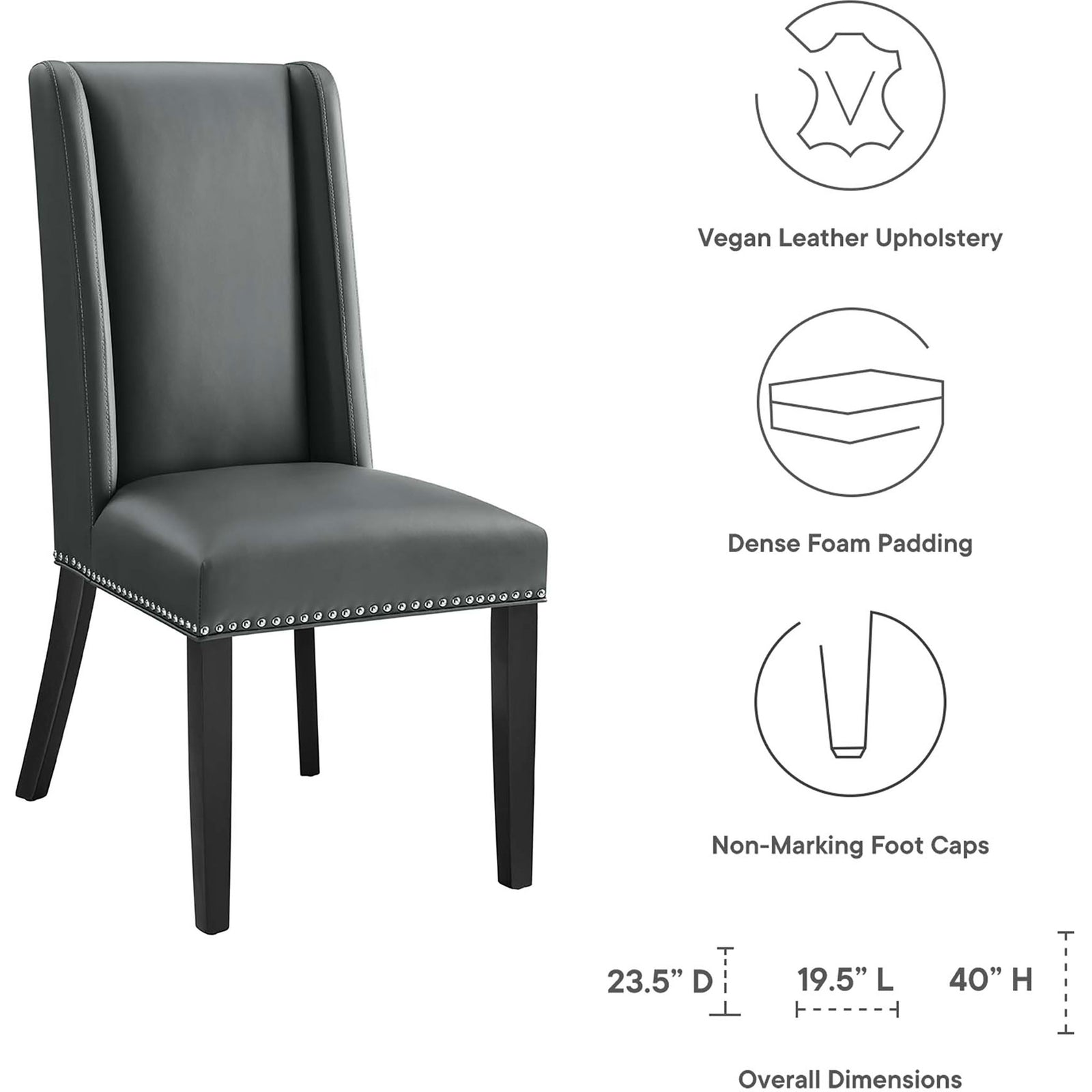 Gray vegan leather dining chair with icons highlighting dense foam, nail-safe feet, and overall dimensions || EEI-2232-GRY || dimension_studio