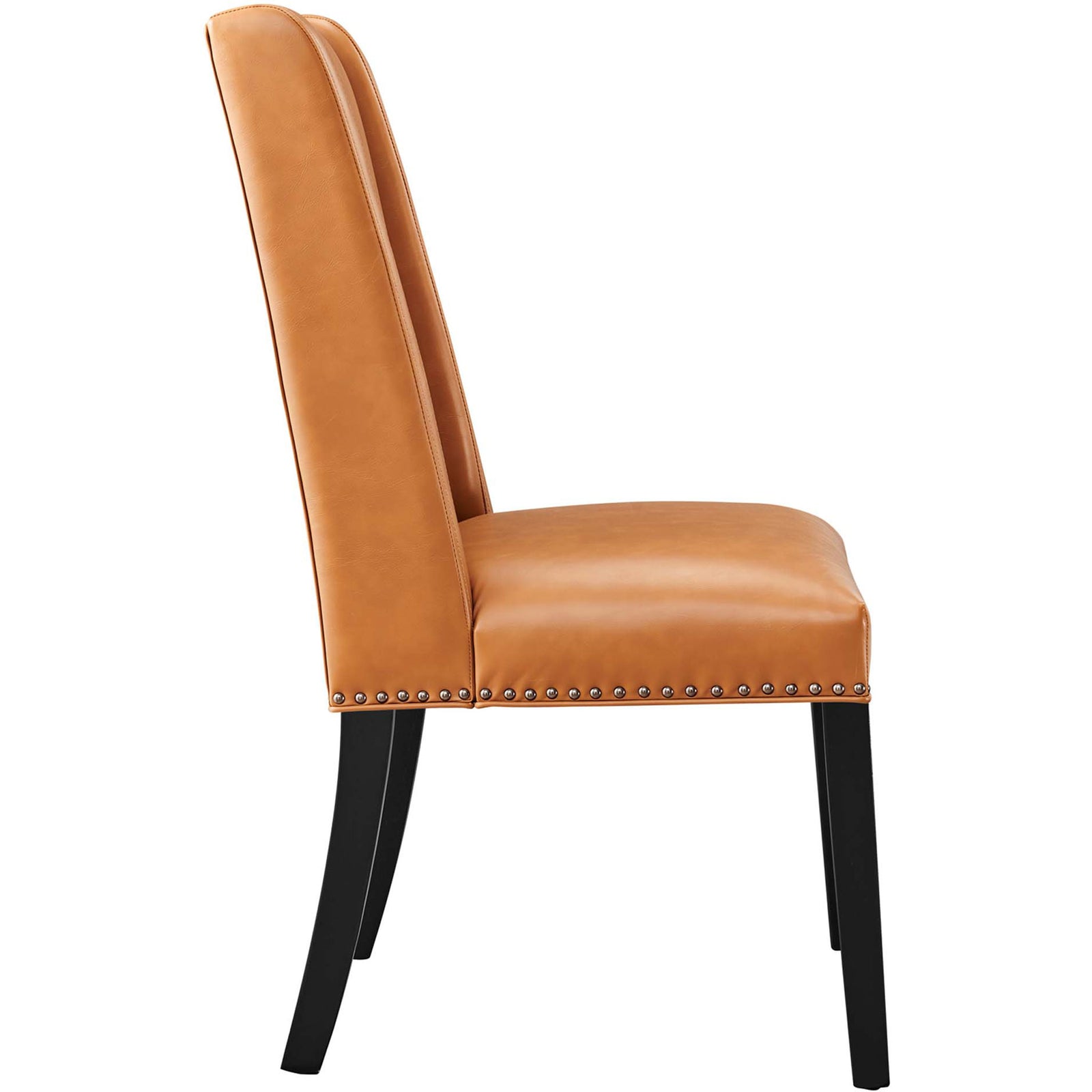 Slim silhouette and gently curved back showcase the modern comfort of this tan dining chair. || EEI-2232-TAN || side_studio