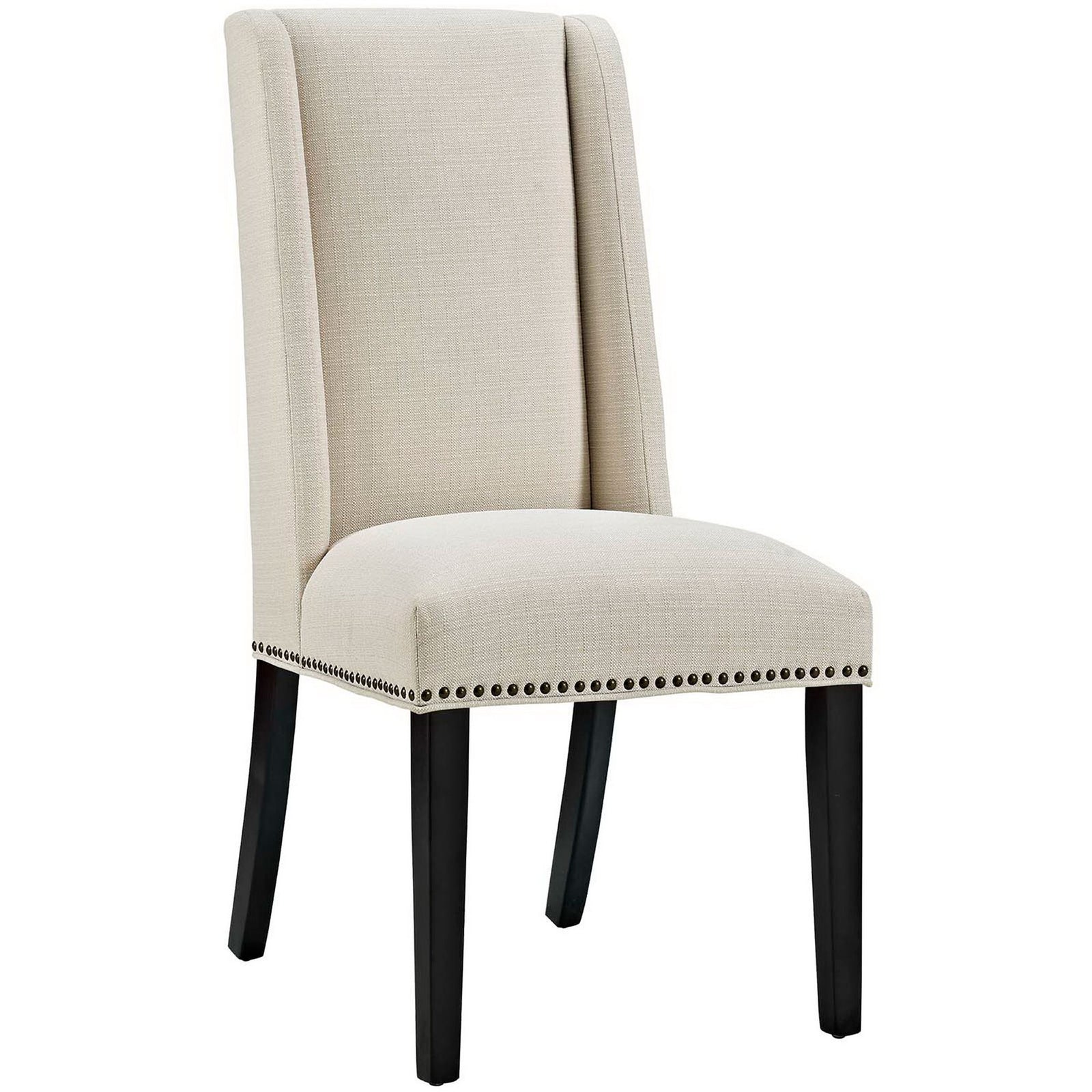 Beige fabric dining chair with tall wingback silhouette, nailhead trim, and dark wood legs. || EEI-2233-BEI || front_angle_studio