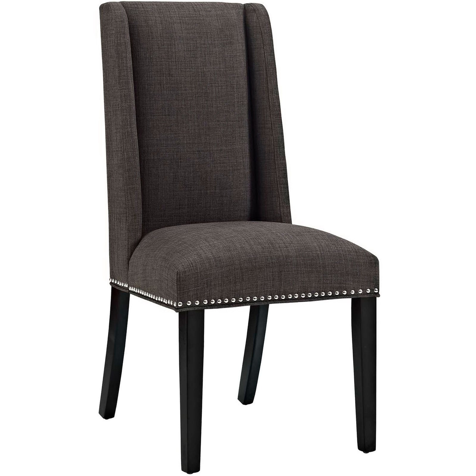 Brown fabric dining chair with tall wingback and silver nailhead trim at the seat || EEI-2233-BRN || front_angle_studio