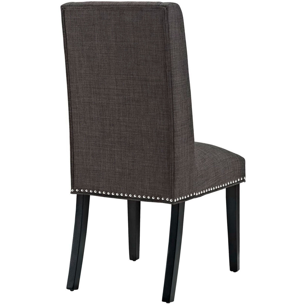 Elegant brown dining chair highlighting the tall upholstered back and nailhead trim detail || EEI-2233-BRN || back_angle_studio