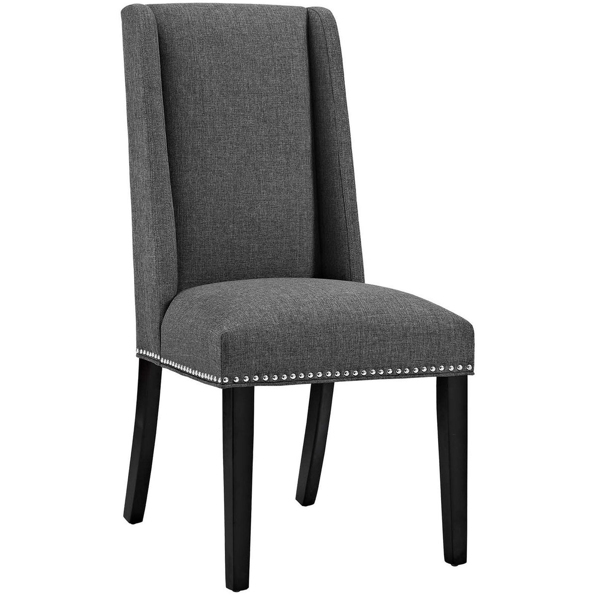 Gray upholstered dining chair with tall wingback, nailhead trim, and dark wood legs for refined everyday dining. || EEI-2233-GRY || front_angle_studio