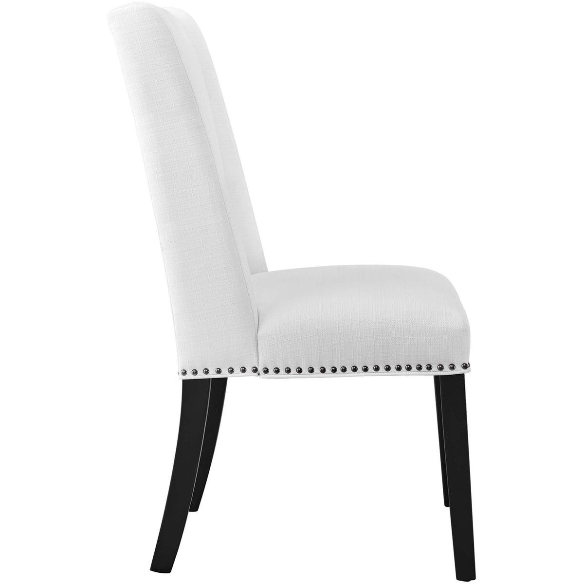 White upholstered dining chair with slim profile, thick foam seat, and gently curved backrest || EEI-2233-WHI || side_studio