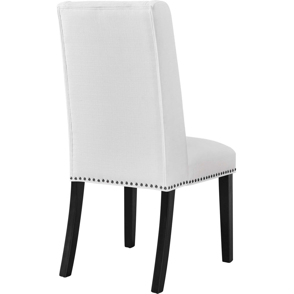Back of white wingback dining chair with smooth upholstery and slim black legs || EEI-2233-WHI || back_angle_studio
