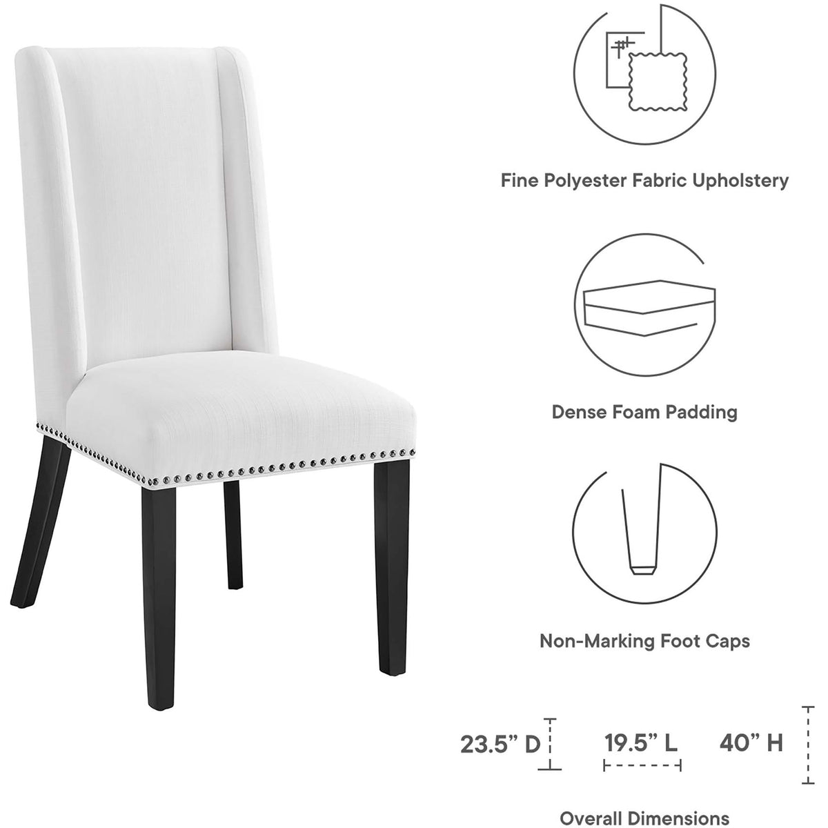 Baron white dining chair highlights upholstery, foam padding, foot caps, and overall dimensions || EEI-2233-WHI || dimension_studio