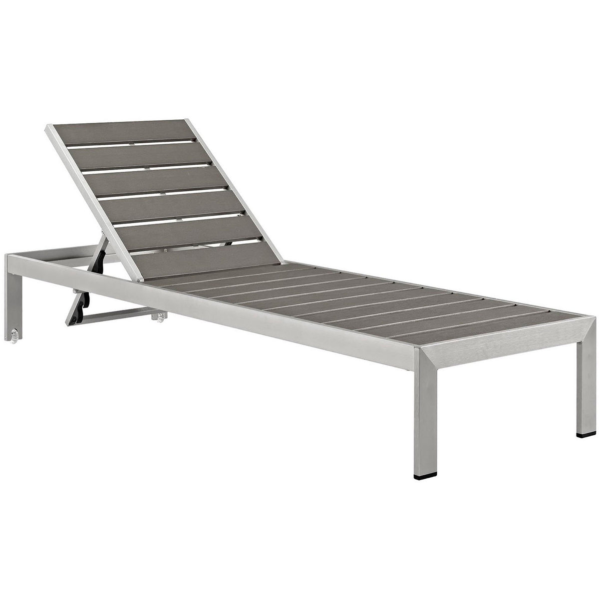 Modern silver chaise with wide gray slatted seat and back on a minimalist aluminum frame || EEI-2247-SLV-GRY || front_angle_studio