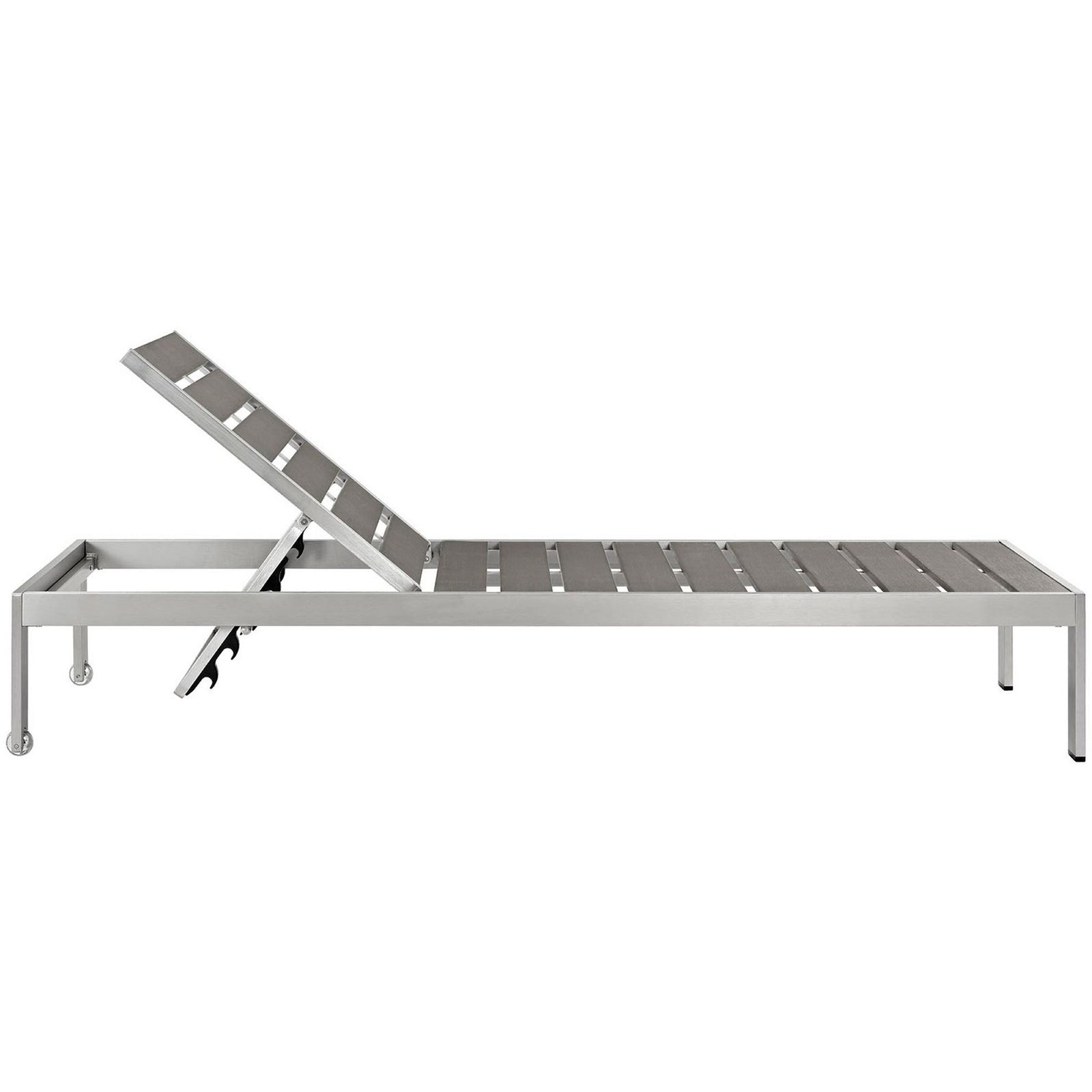 Gray slatted outdoor chaise with slim profile, dual wheels, and protective leg caps || EEI-2247-SLV-GRY || side_studio