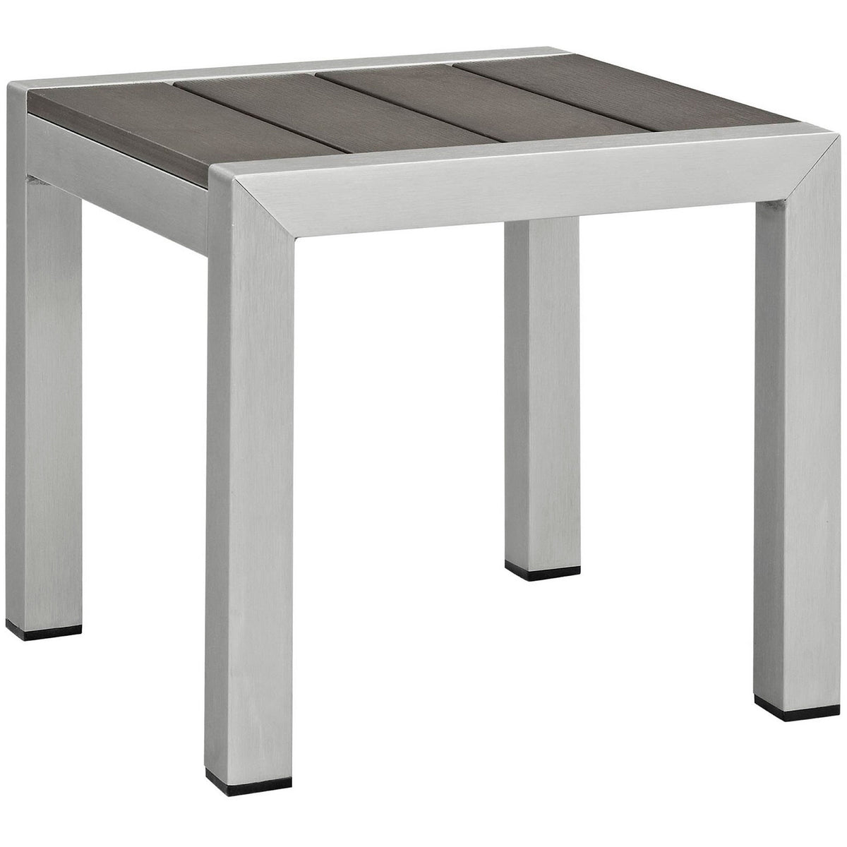 Sleek outdoor side table with brushed aluminum frame and charcoal gray wood-look slats || EEI-2248-SLV-GRY || front_angle_studio