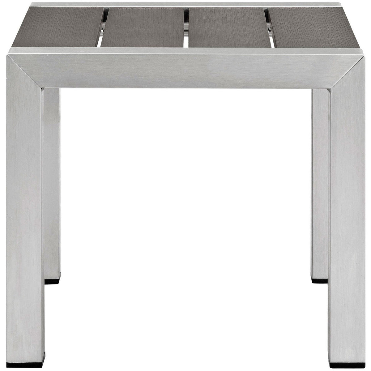 Modern silver aluminum patio side table with gray slatted top and clean square legs || EEI-2248-SLV-GRY || front_studio