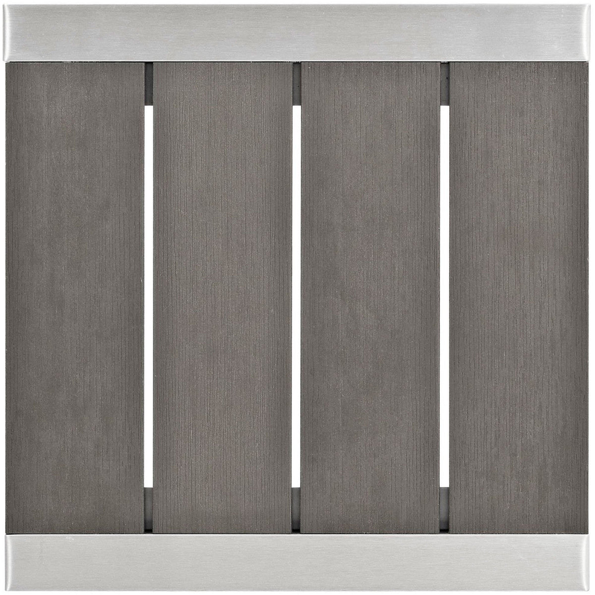 Gray slatted tabletop surface with evenly spaced panels framed by brushed silver edges || EEI-2248-SLV-GRY || top_studio