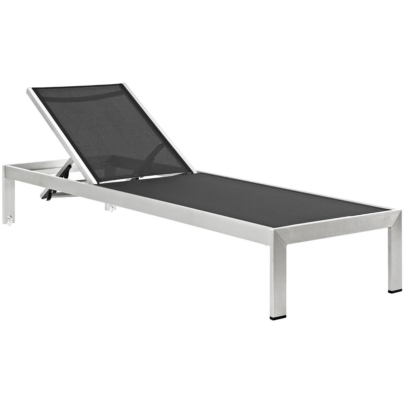Sleek silver aluminum chaise with breathable black mesh sling and slim modern legs || EEI-2249-SLV-BLK || front_angle_studio