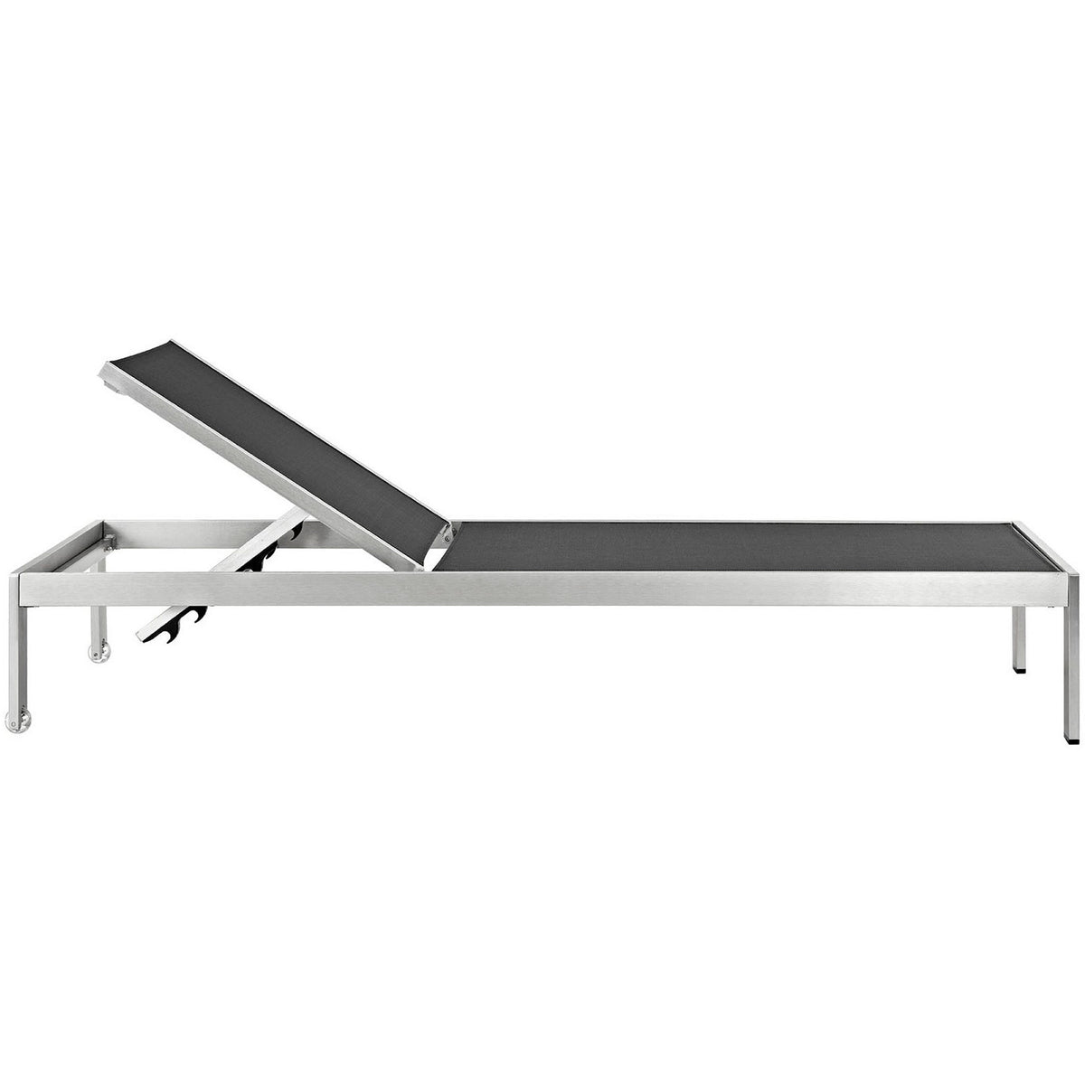 Black mesh outdoor chaise with low profile frame, dual wheels, and non marking foot caps || EEI-2249-SLV-BLK || side_studio