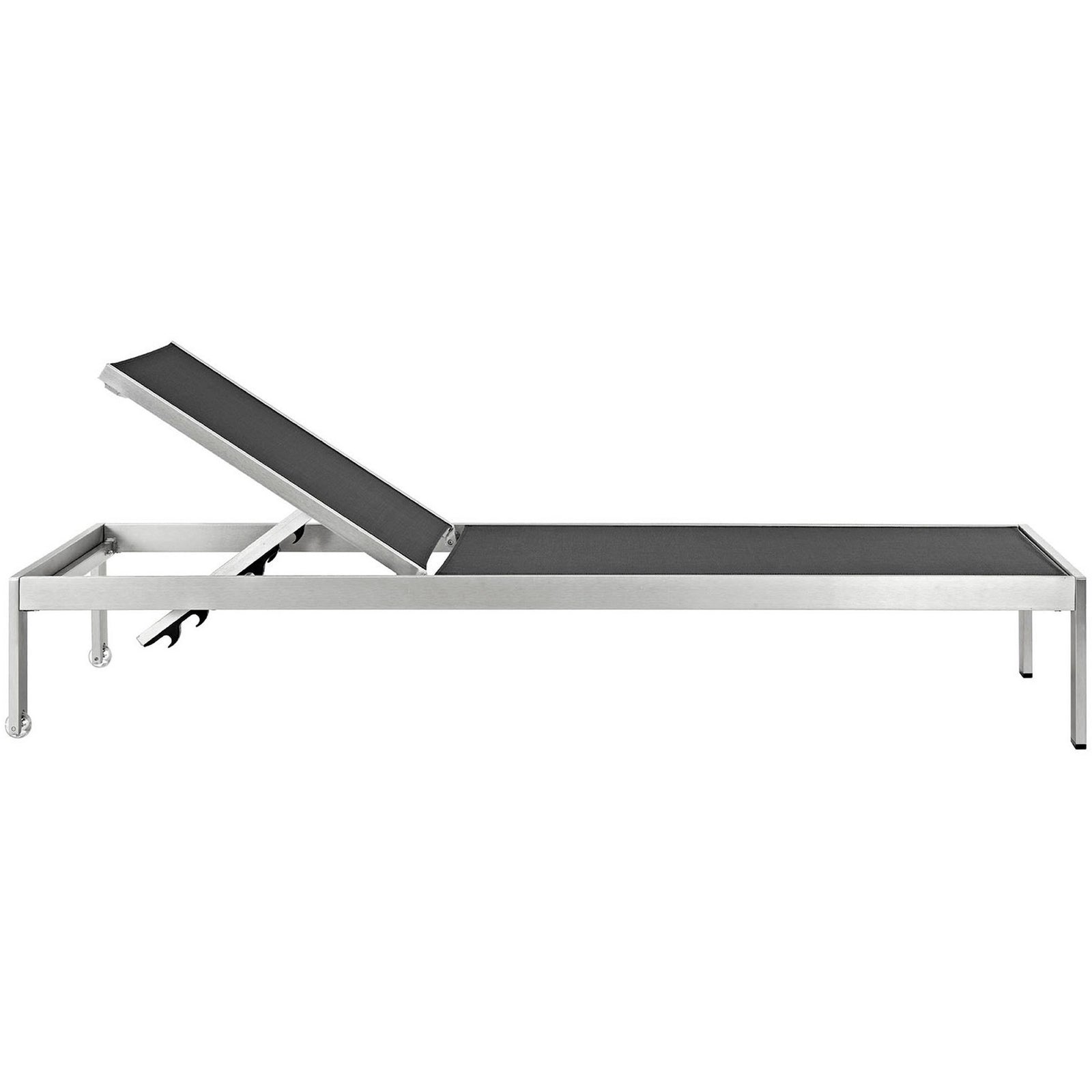 Black mesh outdoor chaise with low profile frame, dual wheels, and non marking foot caps || EEI-2249-SLV-BLK || side_studio
