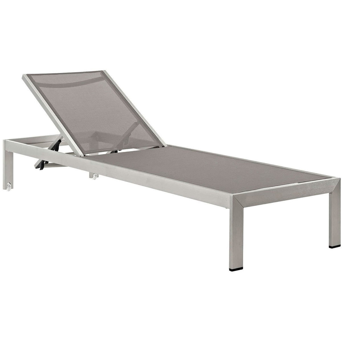 Sleek silver aluminum chaise with breathable gray mesh sling for contemporary outdoor lounging || EEI-2249-SLV-GRY || front_angle_studio