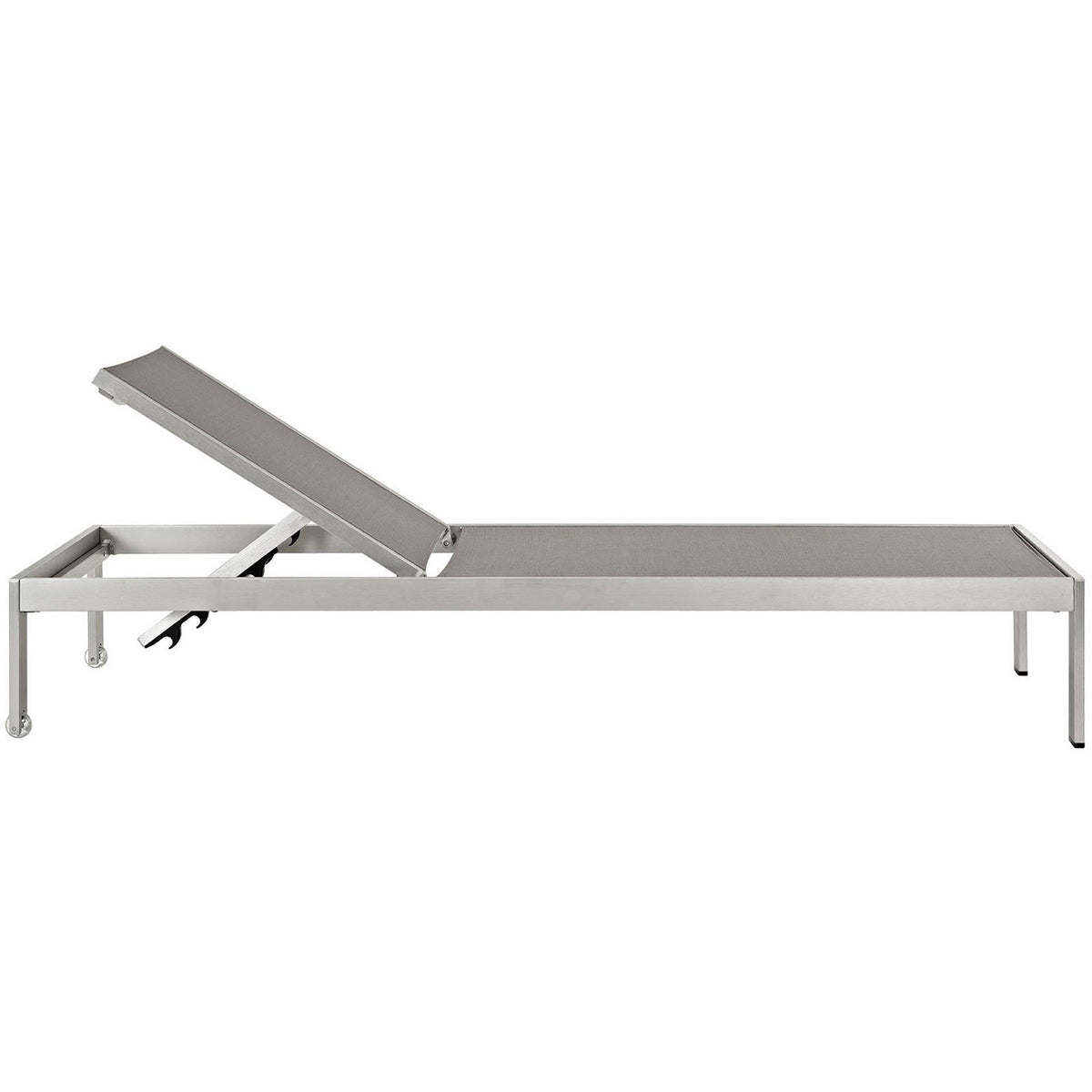 Gray mesh outdoor chaise with slim silhouette, smooth wheels, and protective foot caps || EEI-2249-SLV-GRY || side_studio