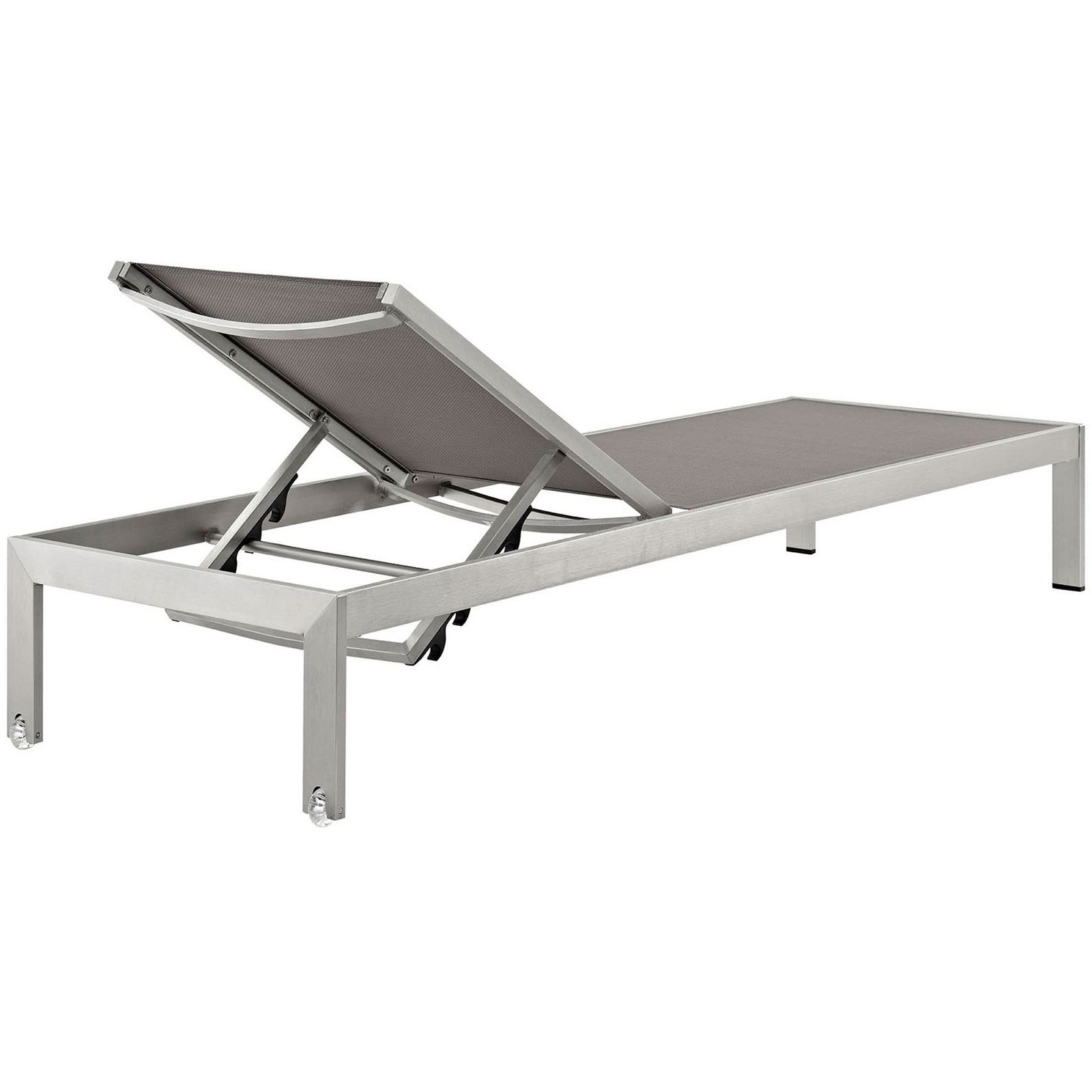 Gray mesh Shore chaise emphasizing the adjustable backrest and durable brushed aluminum frame || EEI-2249-SLV-GRY || back_angle_studio