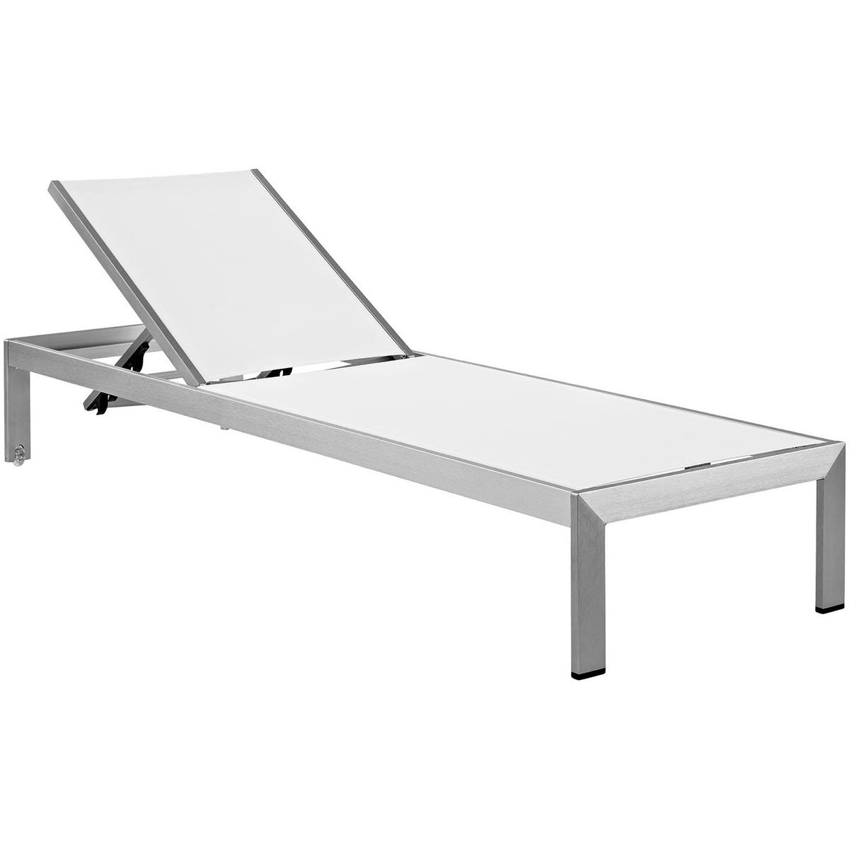 Sleek silver aluminum chaise with crisp white mesh sling for bright modern patios || EEI-2249-SLV-WHI || front_angle_studio
