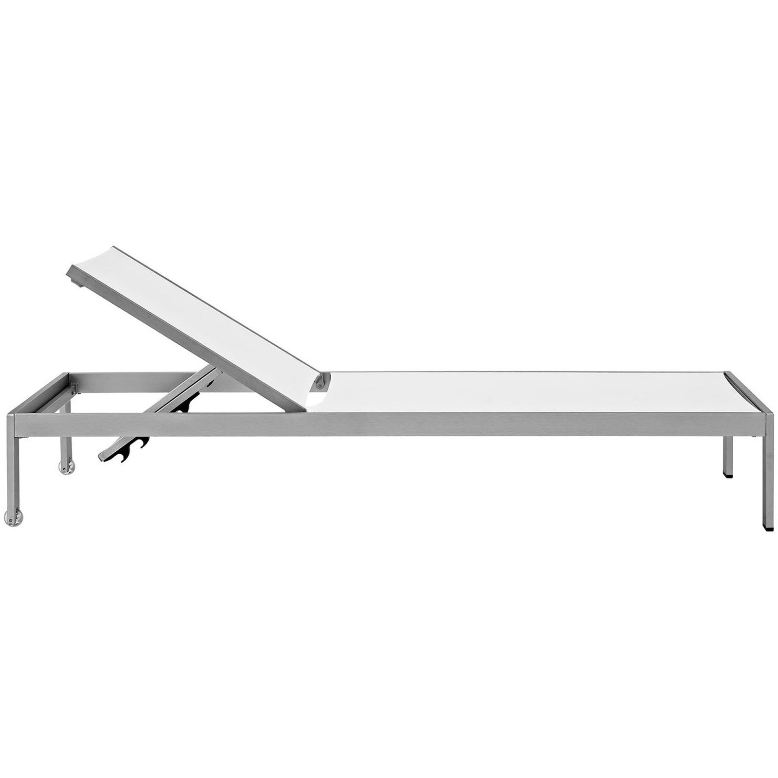 White mesh outdoor chaise with low profile frame, rolling wheels, and capped legs || EEI-2249-SLV-WHI || side_studio