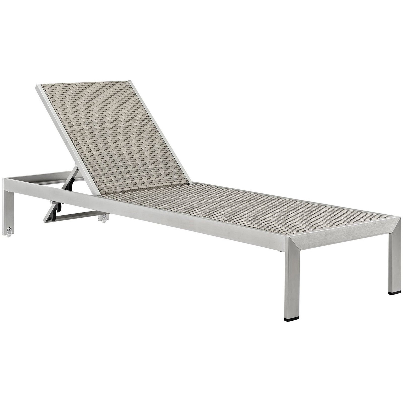 Shore chaise with two tone woven rattan surface on a sleek silver aluminum frame || EEI-2250-SLV-GRY || front_angle_studio