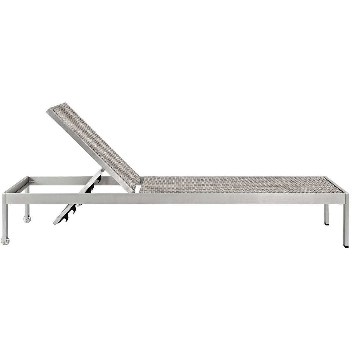Woven rattan outdoor chaise with slim profile, rolling wheels, and capped aluminum legs || EEI-2250-SLV-GRY || side_studio
