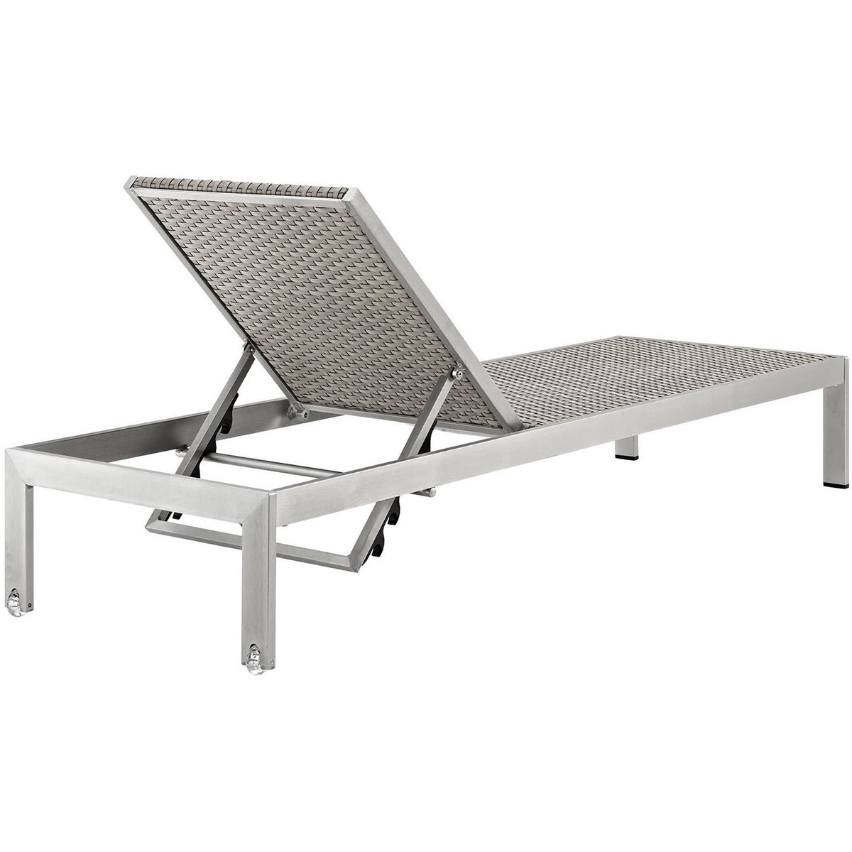 Two tone rattan Shore chaise highlighting the adjustable back and sturdy support frame || EEI-2250-SLV-GRY || back_angle_studio