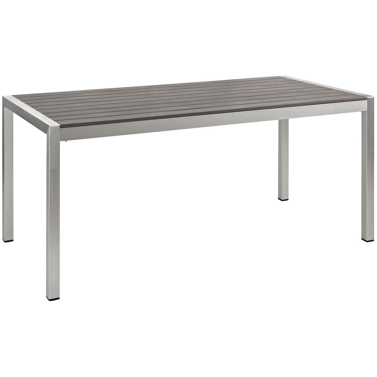 Sleek rectangular patio dining table with silver aluminum legs and gray slatted wood-look top || EEI-2251-SLV-GRY || front_angle_studio