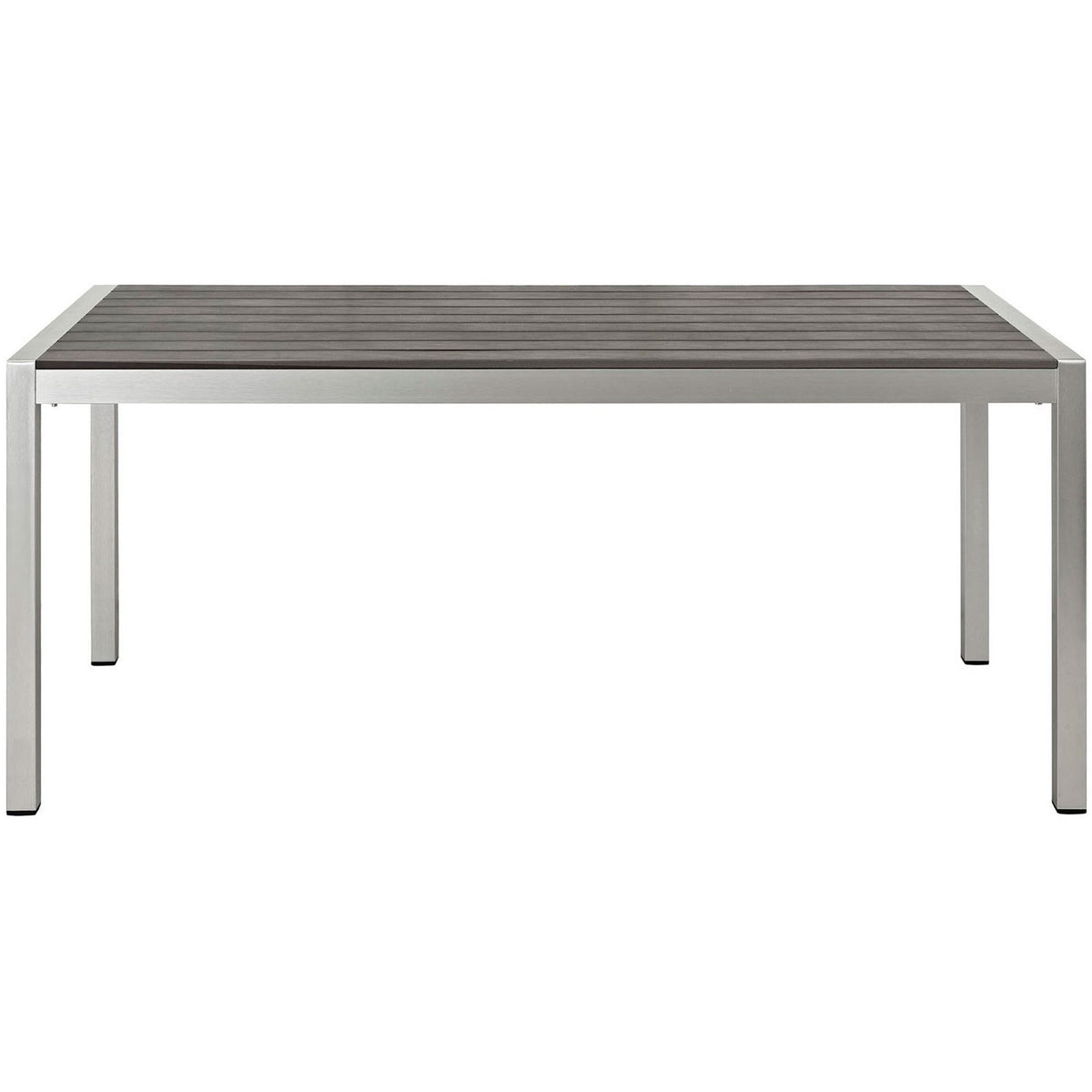 Modern outdoor dining table with clean-lined aluminum frame and evenly spaced gray slat tabletop || EEI-2251-SLV-GRY || front_studio