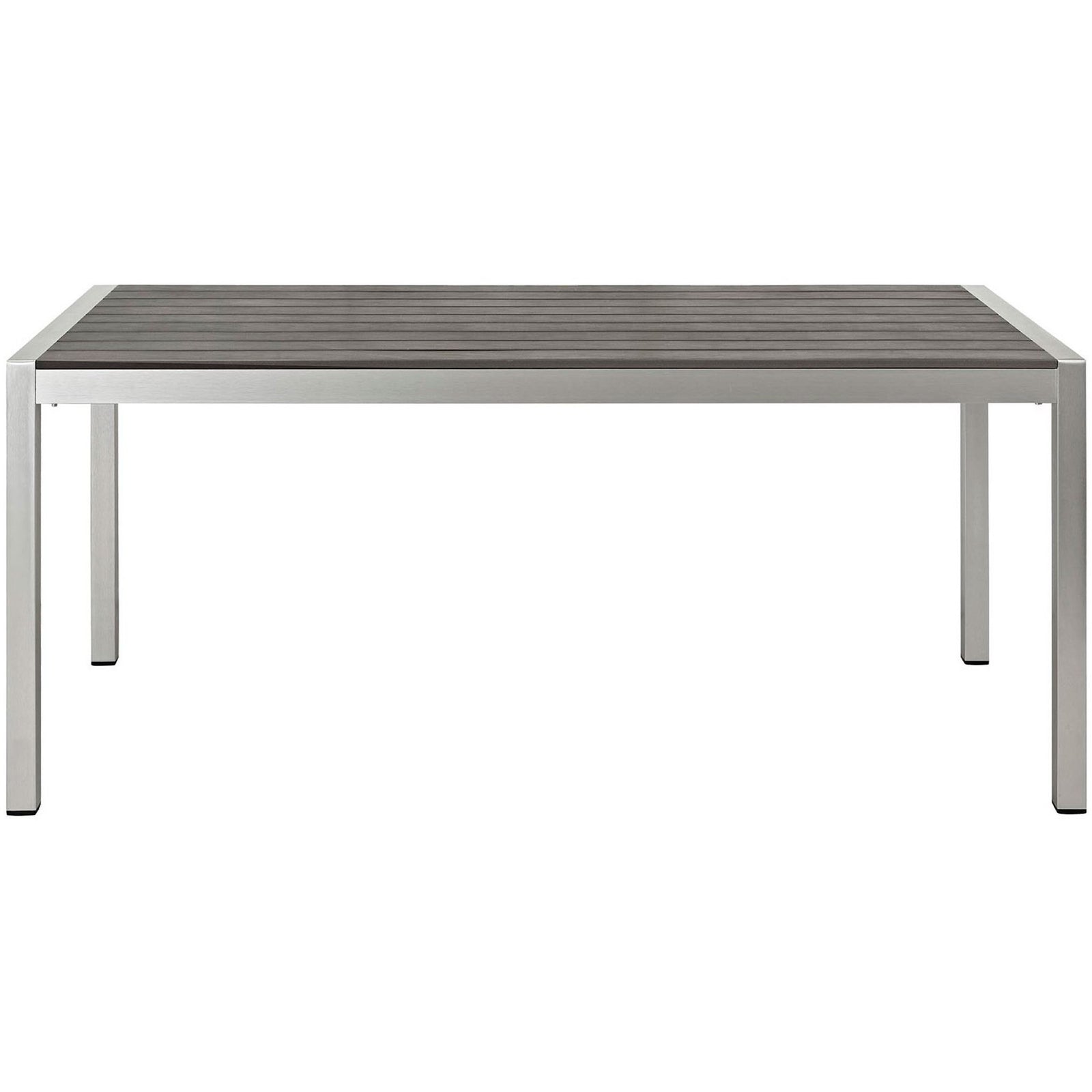Modern outdoor dining table with clean-lined aluminum frame and evenly spaced gray slat tabletop || EEI-2251-SLV-GRY || front_studio