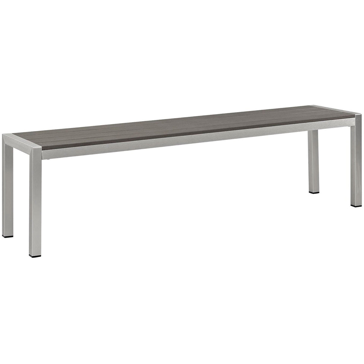 Sleek silver gray patio bench with slatted wood-look top and sturdy aluminum frame || EEI-2252-SLV-GRY || front_angle_studio