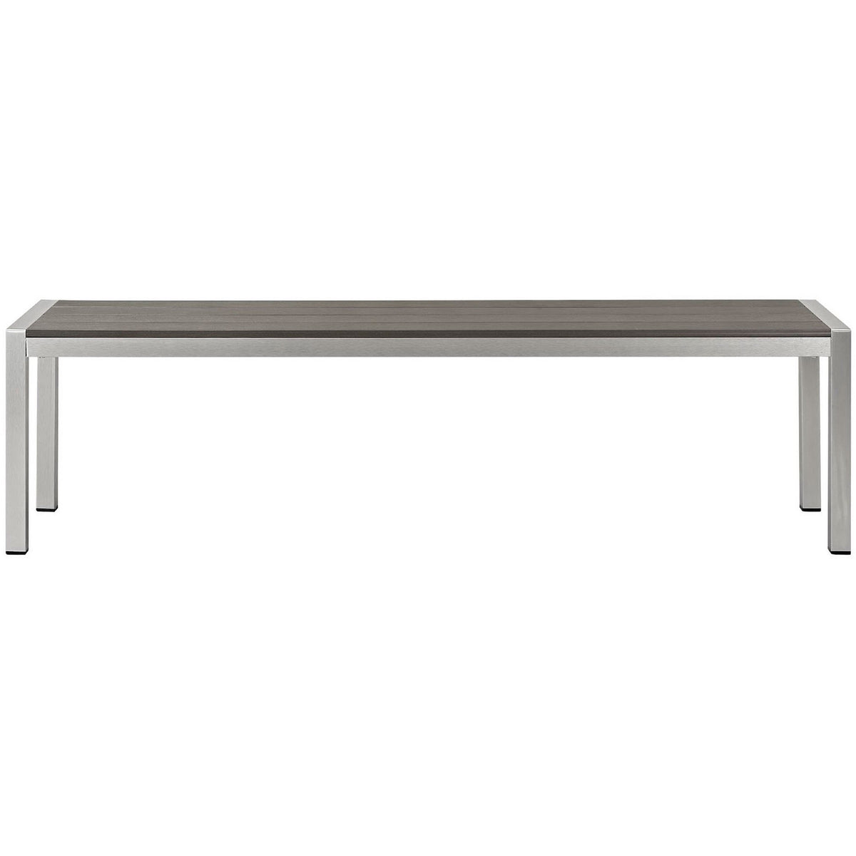 Modern outdoor bench with streamlined aluminum legs and gray slatted seat for versatile patio seating || EEI-2252-SLV-GRY || front_studio