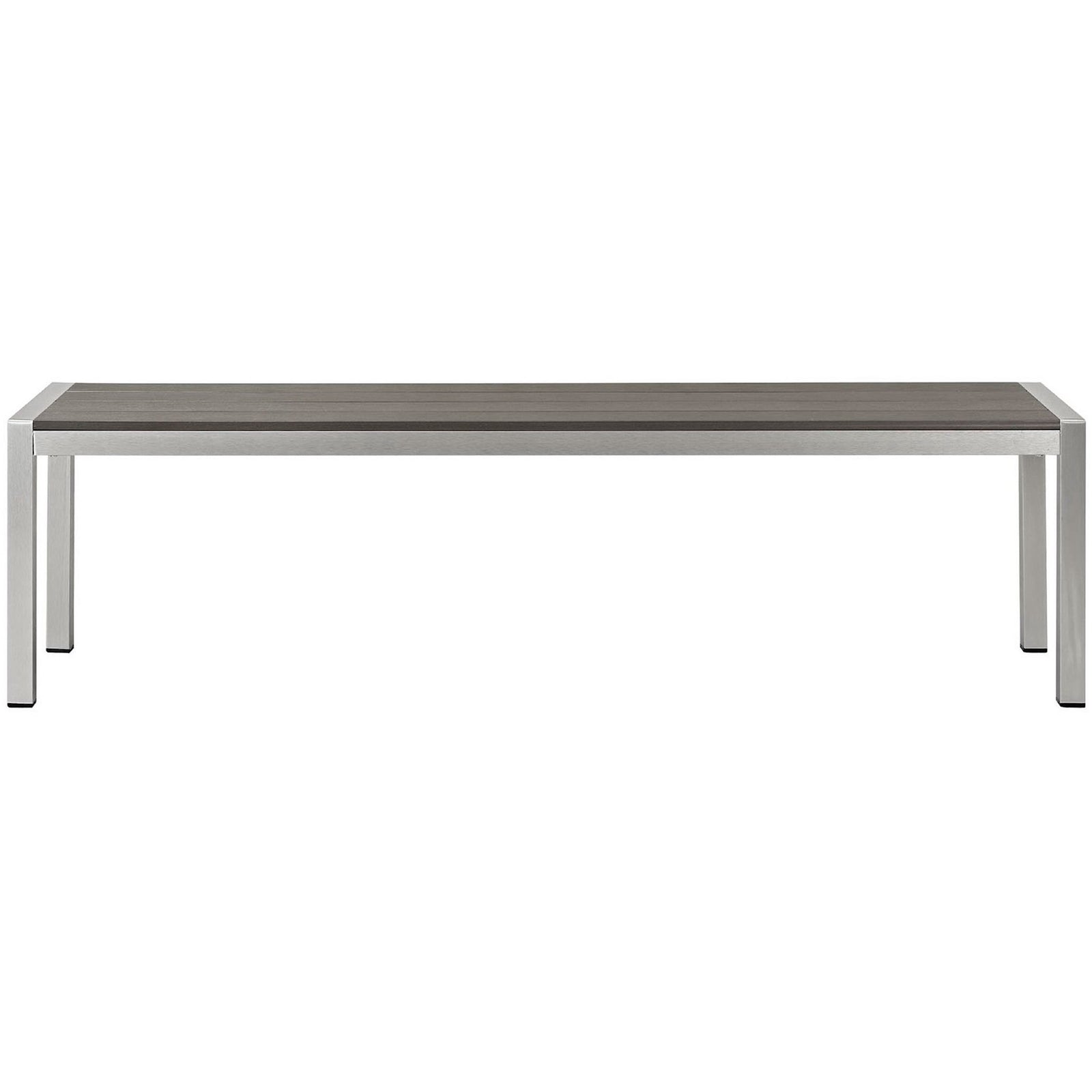 Modern outdoor bench with streamlined aluminum legs and gray slatted seat for versatile patio seating || EEI-2252-SLV-GRY || front_studio
