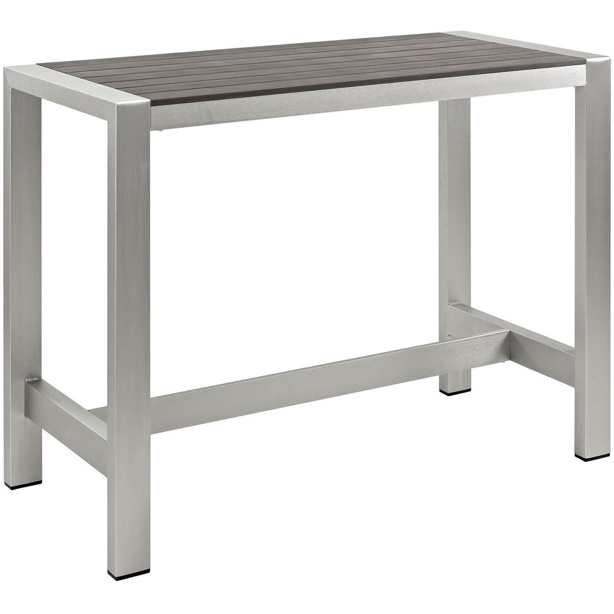 Rectangular aluminum patio bar table with sturdy legs and gray slatted tabletop. || EEI-2253-SLV-GRY || front_angle_studio