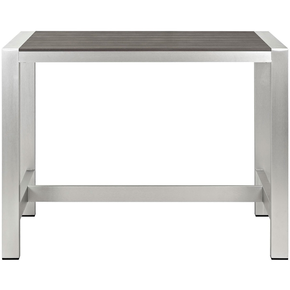 Modern silver gray outdoor bar table with clean lines and slatted wood-look top. || EEI-2253-SLV-GRY || front_studio