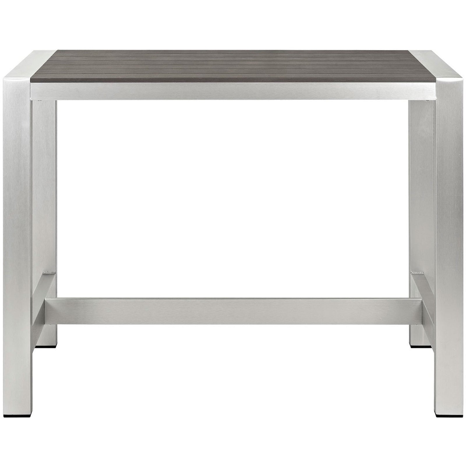 Modern silver gray outdoor bar table with clean lines and slatted wood-look top. || EEI-2253-SLV-GRY || front_studio