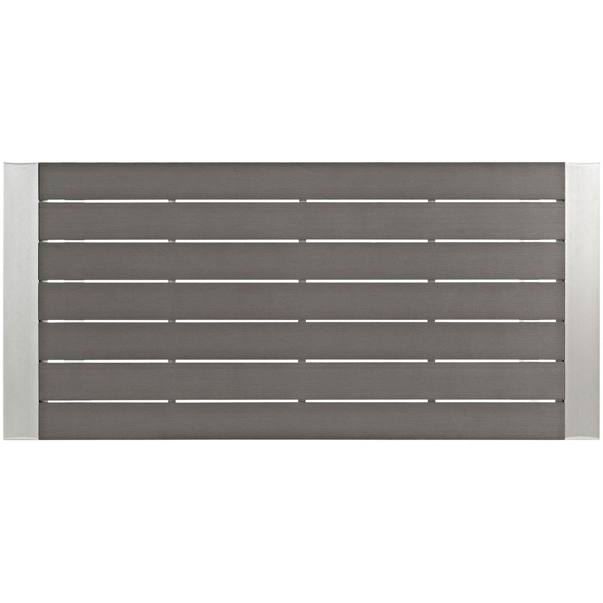 Rectangular gray slatted wood-look tabletop with silver aluminum trim on both ends. || EEI-2253-SLV-GRY || swatch_studio