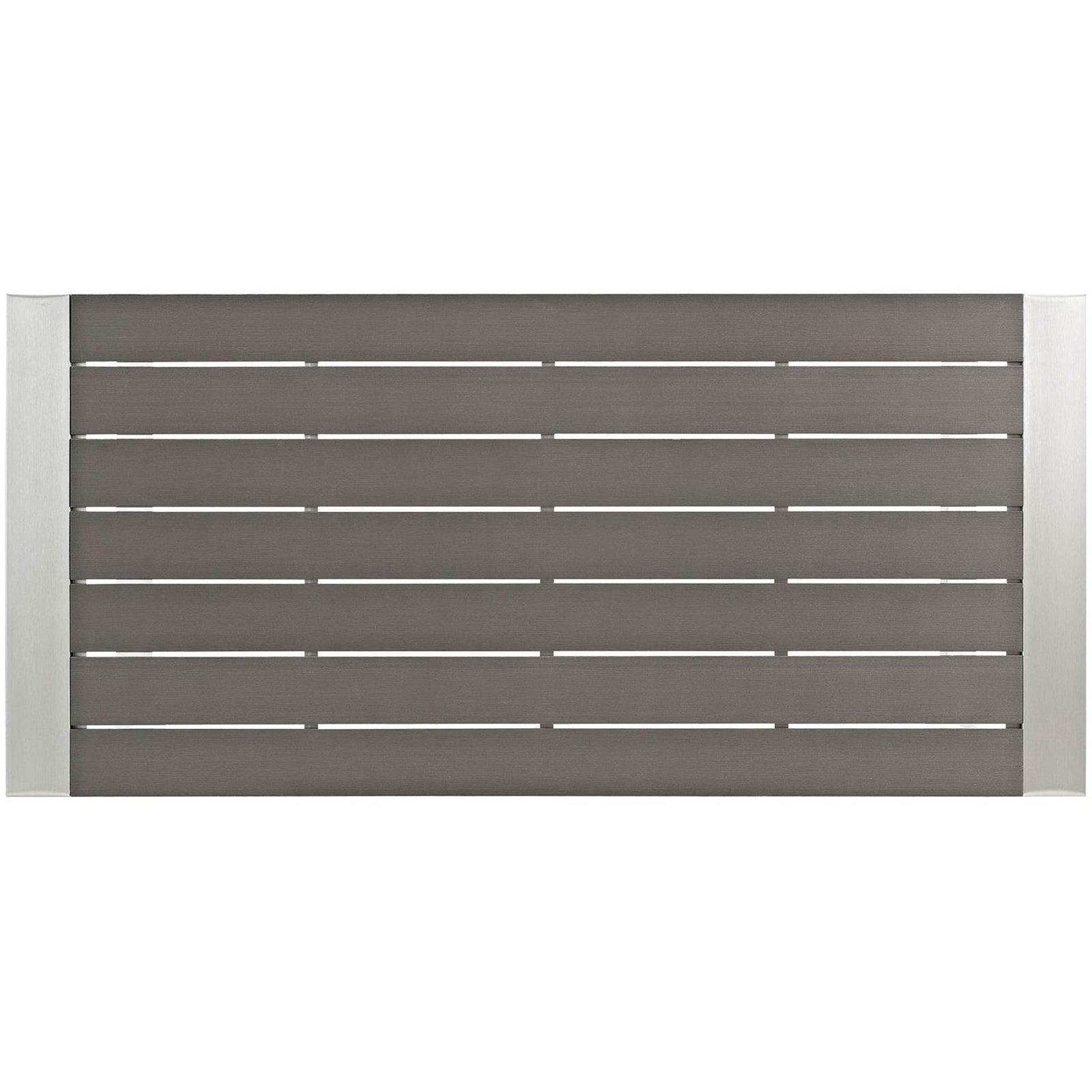 Rectangular gray slatted wood-look tabletop with silver aluminum trim on both ends. || EEI-2253-SLV-GRY || swatch_studio
